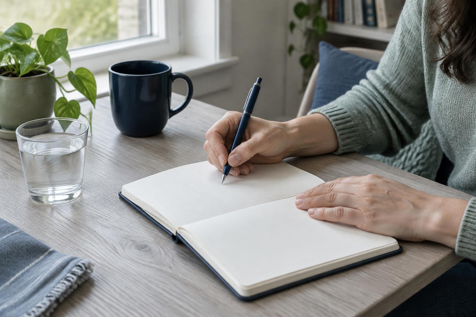 Hands writing in a journal beside a glass of water by a window.