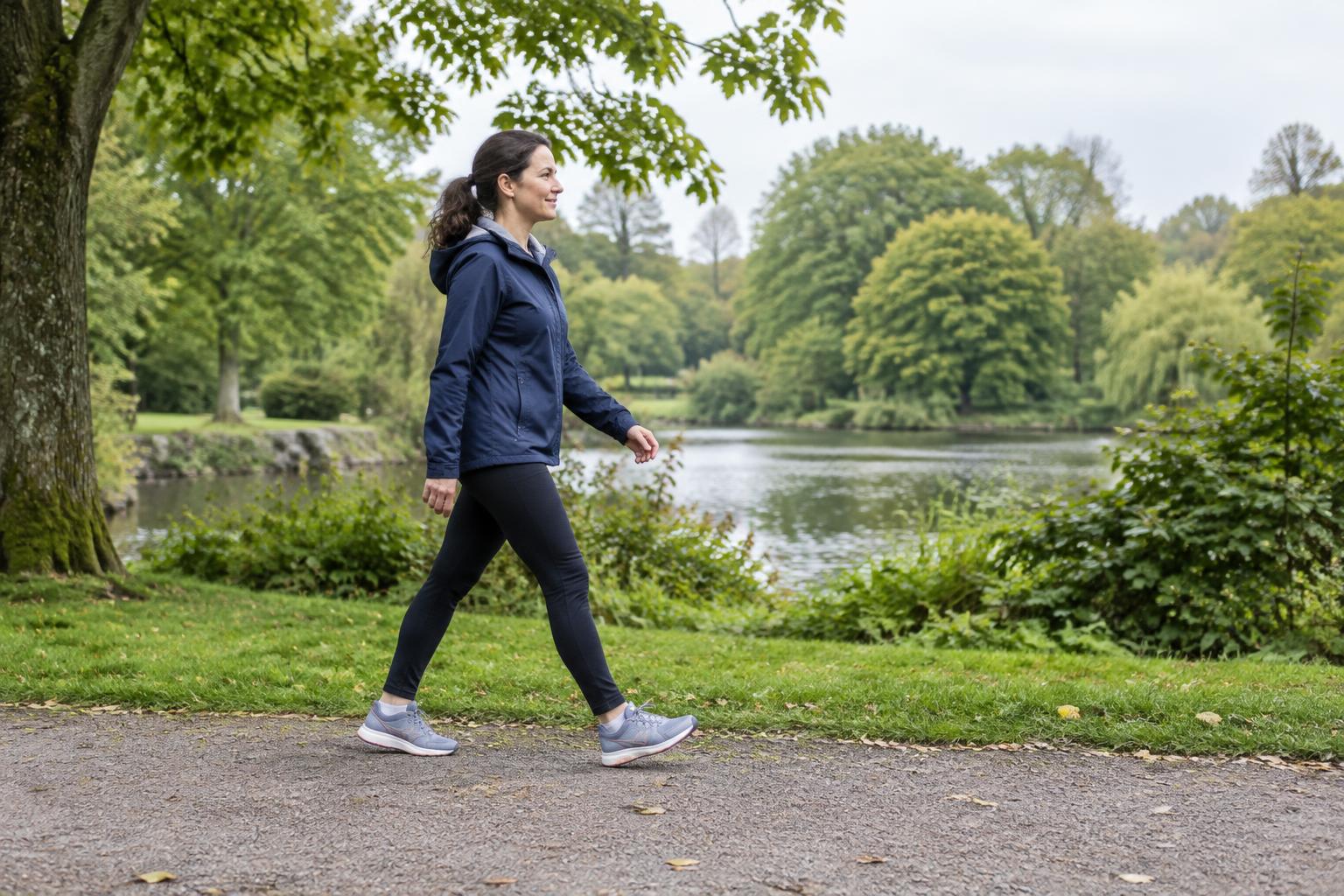A woman taking a gentle walk along a leafy park path.