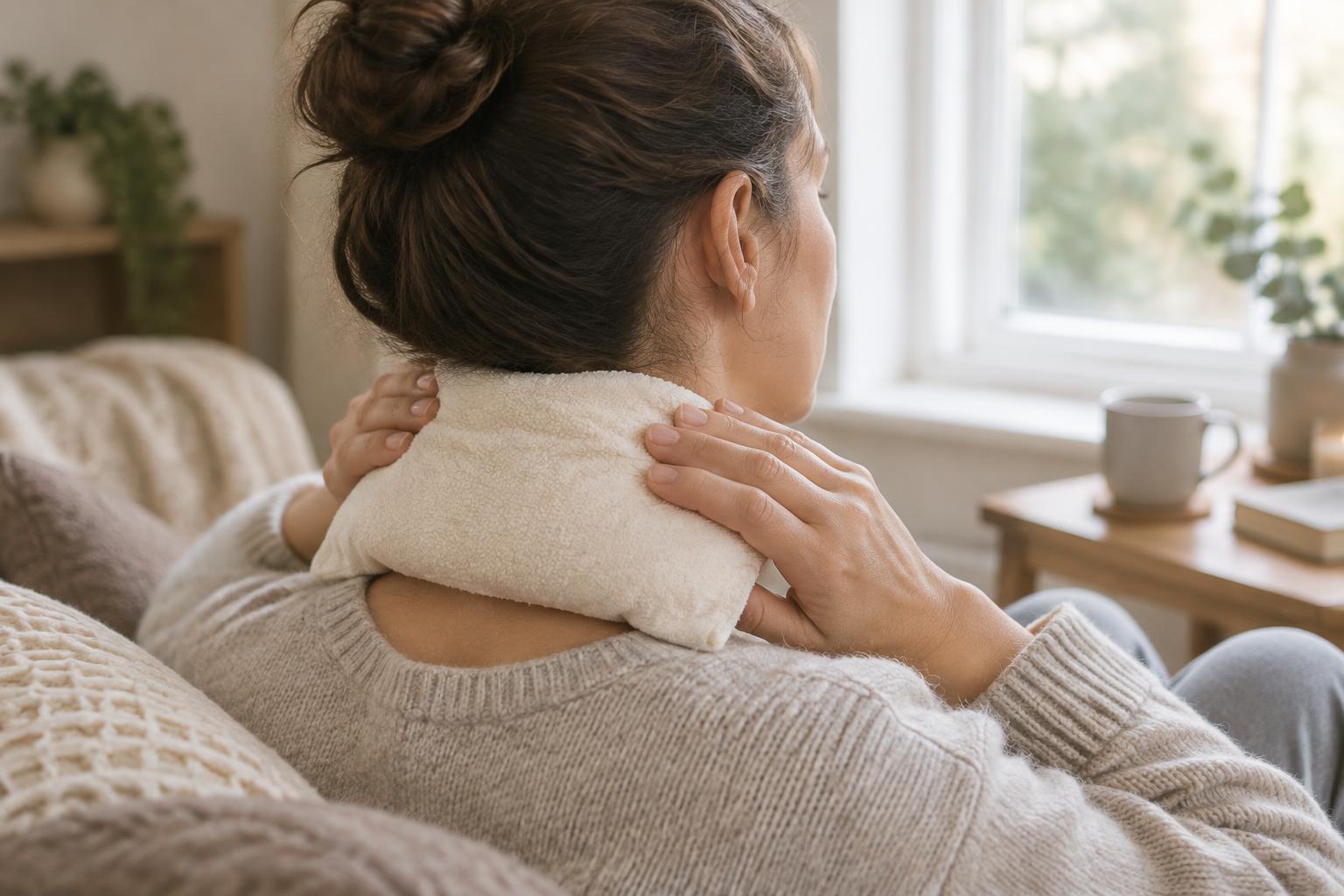 A person applying a warm heat pack wrapped in a towel to the back of their neck.